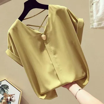 SURE XIAO STORY, однотонная шифоновая блузка с v-образным вырезом, женская Blusas Mujer De Moda, лето 2020, корейское короткое платье S синий