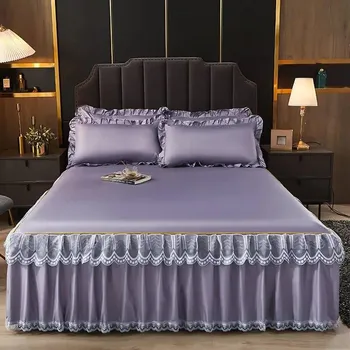 Гладкое элегантное стильное покрывало из 3 предметов, сплошная цветная юбка-кровать, полиэстер, хлопок, комплект постельного белья королевского размера с наволочками 3 Pcs 120x200cm