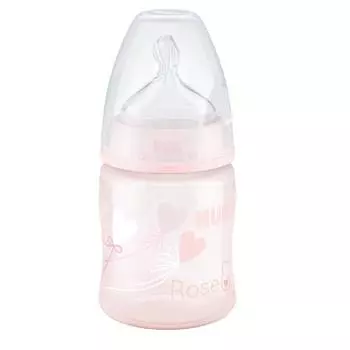 NUK First Choice + Бутылочка 150 мл из силикона с отверстием М, размер 1, Baby Rose