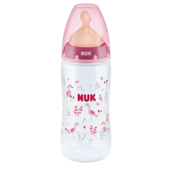 NUK First Choice + Бутылочка 300 мл, с соской 0-6 мес. из латекса для заменителей грудного молока, розовая