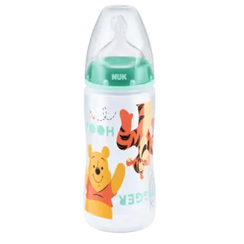 NUK First Choice + Бутылочка 300 мл с соской из силикона 0-6 мес., для заменителей грудного молока, зеленая Медвежонок Винни