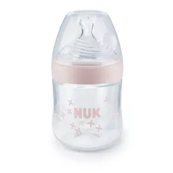 NUK Nature Sense Бутылочка 0-6 мес. 150 мл с соской из силикона для грудного молока и воды розовая