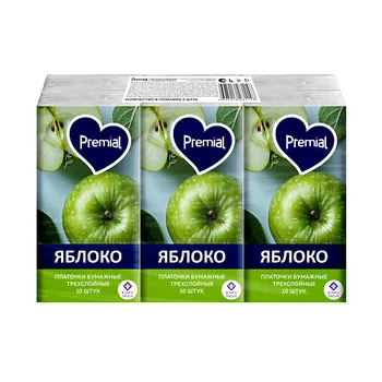 PREMIAL Платочки бумажные трехслойные белые с ароматом зеленого яблока 60.0