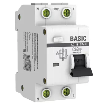 Автомат дифференциальный EKF Basic АД-12 63А 1P+N тип AC 30 мА 4,5 кА (DA12-63-30-bas)