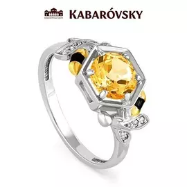 Кольцо из серебра с фианитом, цитрином и эмалью с родированием 11-132-2902