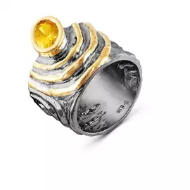 Кольцо из серебра с фианитом swarovski с чернением и позолотой R-0129B4