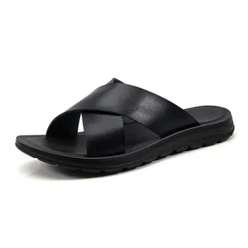 Модные мужские кожаные тапочки Palm Cross Slides повседневные уличные летние итальянские дизайнерские классические коричневые черные 2024Новинка летние повседневные тапочки 38 черный коричневый