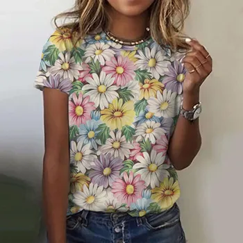 Футболка Harajuku Minimalist Flower 3D Printed, повседневная, с короткими рукавами, модная, женская, с круглым вырезом S
