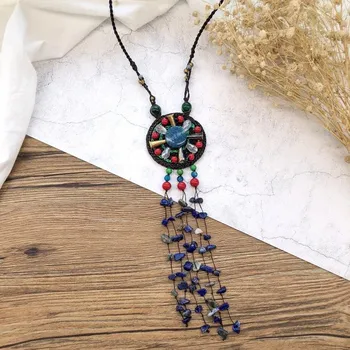 Handmade Bohemian Vintage Natural Gravel Fringed Woven Necklace Versatile Long Sweater Chain Accessories