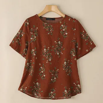 ZANZEA Women Casual Round Neck Half Sleeve Loose Floral Print Blouse S ржавый