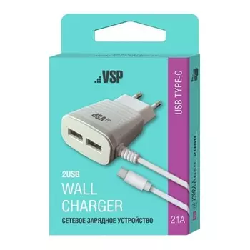 СЗУ BoraSCO 2 USB, 2,1A, с кабелем Type-C Белый