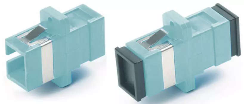 Адаптер проходной Hyperline FA-P11Z-SC/SC-N/BK-AQ SC-SC, MM (OM3), simplex, корпус пластиковый, голубой (aqua), черные колпачки