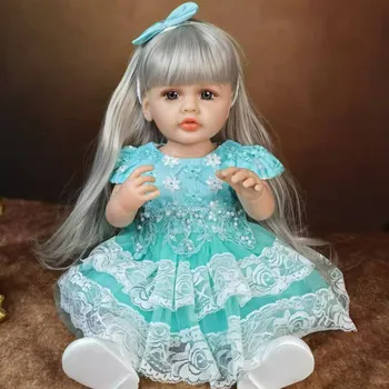 Модная кукла Reborn Baby Doll с серыми волосами, 55 см, для девочки, полное тело, силиконовый винил, реалистичная игрушка принцессы Boneca Reborn, костюм для детей от 3 лет, подарки на день рождения, Рождество 22 Inch about 55 cm синий