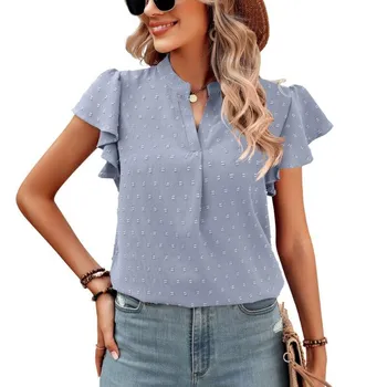 2023 Blusas Повседневная шифоновая блузка с коротким рукавом Модные летние топы Уличная одежда с v-образным вырезом Белые рубашки Женская одежда Элегантная 25464 S восторг
