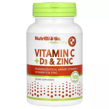 NutriBiotic, Immunity, витамины C + D3 и цинк, 100 капсул