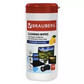 Салфетки BRAUBERG 511688 для экранов всех типов и пластика, с ароматом "ЛИМОН", туба 100 шт., влажные