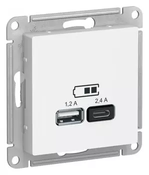 Розетка USB Systeme Electric ATN000139 AtlasDesign А+С, 5В/2,4 А, 2х5В/1,2 А, механизм, Белый