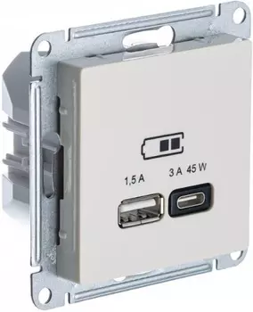 Розетка USB Systeme Electric ATN000229 AtlasDesign A + тип-C 45Вт высокоскор.заряд. QC,PD, мех., Бежевый
