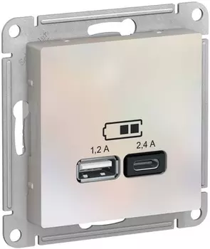 Розетка USB Systeme Electric ATN000439 AtlasDesign А+С, 5В/2,4А, 2х5В/1,2А, механизм, Жемчуг