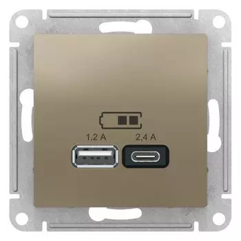 Розетка USB Systeme Electric ATN000539 AtlasDesign А+С, 5В/2,4А, 2х5В/1,2А, механизм, Шампань