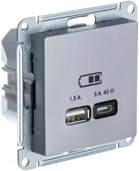 Розетка USB Systeme Electric ATN000929 AtlasDesign A + тип-C 45Вт высокоскор.заряд. QC, PD, механизм, Сталь