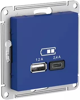 Розетка USB Systeme Electric ATN001139 AtlasDesign A+С, 5В/2,4А, 2х5В/1,2А, механизм, Аквамарин