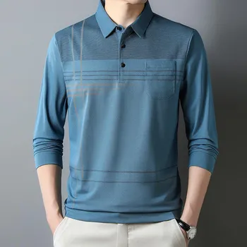 Men s Striped Color Block Shirt with Chest Pocket - Casual, Comfortable Long Sleeve Top for Spring/Fall M темно-синий