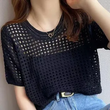IHUASU Hollow Top Женская летняя трикотажная блузка с коротким рукавом и круглым вырезом из ледяного шелка, шикарные сетчатые топы One size белый