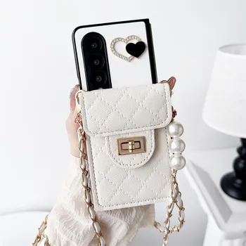 Кожаный кошелек через плечо с 3D сердечком и решеткой для Samsung Z Fold 3 4 5 Fold3 Fold4 Z Flip 5 4 3 Роскошное металлическое ожерелье, шнур, чехол для ремня SAmsung Z fold 3 белый