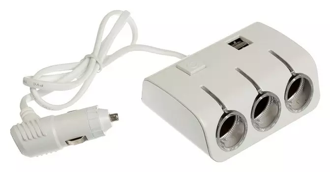 Разветвитель прикуривателя, 3 гнезда с подсветкой, 2 Usb, 12/24 В, провод 70 см, белый