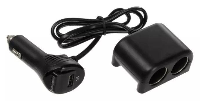 Разветвитель прикуривателя с вольтметром, 2 гнезда, 1 USB 1 А, провод 70 см
