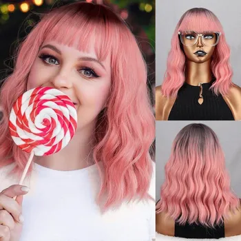MISS WIG Женский модный светло-фиолетовый волнистый парик с челкой из синтетического волокна длиной до плеч, натуральный волнистый косплей, повседневная одежда, короткий парик 30 cm