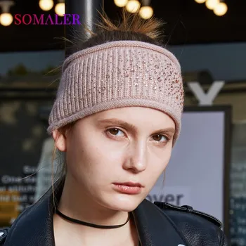 SOMALER вязаная шерстяная повязка на голову для женщин, женский кашемировый головной убор с украшением, утеплитель для лба, эластичный