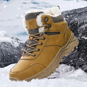 FashionWinter Warm Plush Fur Snow Boots lace up Waterproof Leather Men Boots olush warm snow boots Outdoor men cotton shoes big size 48 39 чёрный