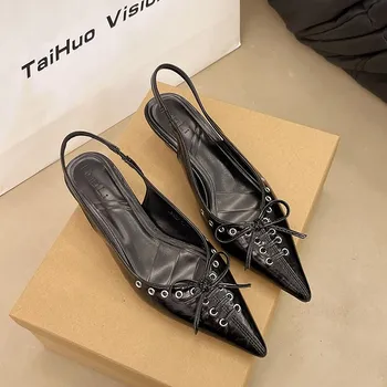 Black high heels bag head sandals fairy shoes new spring and summer temperament socialite pointed head single shoes 35