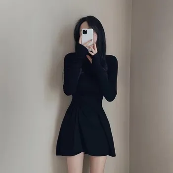 Женское платье Design Sense Folding Waist Half High Neck Long Sleeve Base Dress Slimming Short Dress S бордовый