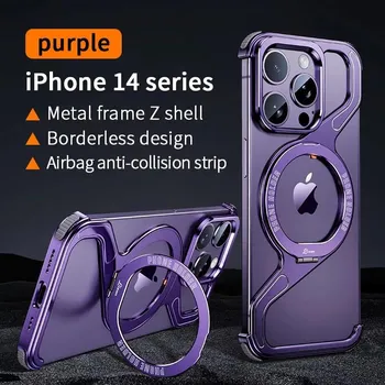 Роскошный металлический магнитный чехол для телефона iPhone 16 15 14 13 Pro Max Magsafe Wireless Charging алюминиевый сплав подставка для телефона чехол For iPhone 16 Pro Max чёрный