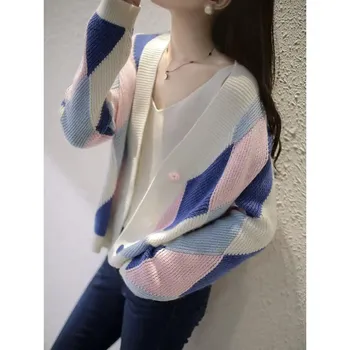 WTEMPO Large Size Solid Color Women s Casual Versatile Long Sleeve Button Sweater Cardigans V-Neck Loose Knitted Cardigans S синий