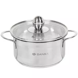 Кастрюля нержавеющая сталь, 1 л, с крышкой, крышка стекло, Daniks, GS-01311-14CA/SD-514, индукция