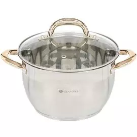 Кастрюля нержавеющая сталь, 3.6 л, с крышкой, Daniks, Мадрид Gold, SD-320G, индукция