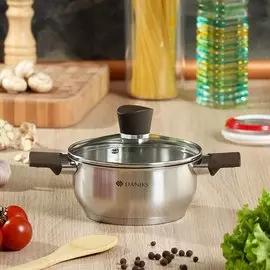 Кастрюля нержавеющая сталь, 1.5 л, с крышкой, крышка стекло, Daniks, Savory, SD-A95-16, серебристая, индукция