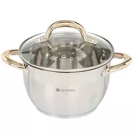 Кастрюля нержавеющая сталь, 2.6 л, с крышкой, крышка стекло, Daniks, Мадрид Gold, SD-318G, индукция