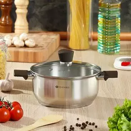 Кастрюля нержавеющая сталь, 2.8 л, с крышкой, крышка стекло, Daniks, Savory, SD-A95-20, серебристая, индукция