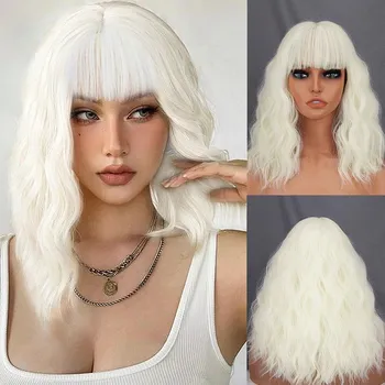 MISS WIG Серый Фиолетовый Цвет Короткий Волнистый Парик с Челкой Синтетическое Волокно Женская Мода До Плеч Фиолетовый Косплей Повседневная Одежда Волосы