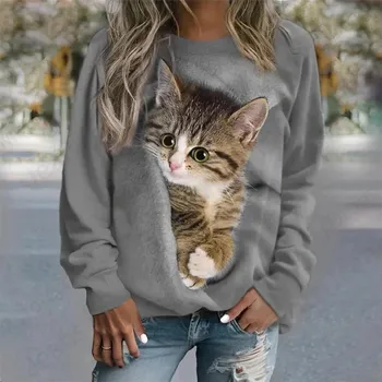 Прекрасная толстовка с капюшоном Cat Женская мода Толстовки с круглым вырезом Женские толстовки с капюшоном Пальто с изображением животных Одежда для девочек Толстовка с длинным рукавом с круглым вырезом Женская осенняя футболка S