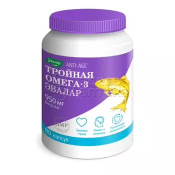 Тройная Омега-3 Эвалар 950 мг 1300 мг масса капсулы, 80 шт