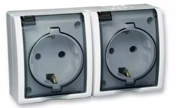 1594433-030 Розетка двойная с заземлением Schuko, с крышкой полупрозрачной, IP54, 16А 250В, винтовой зажим, S15 Simon 15 Aqua