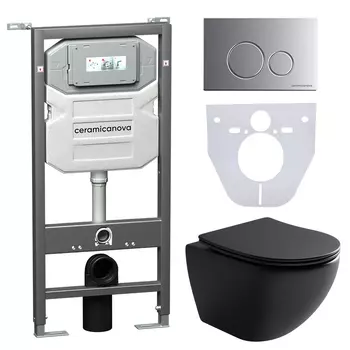 Комплект 4в1 Унитаз подвесной с сиденьем Ceramica Nova CN4002MB_1001M_1000 черный + Система инсталляции + кнопка