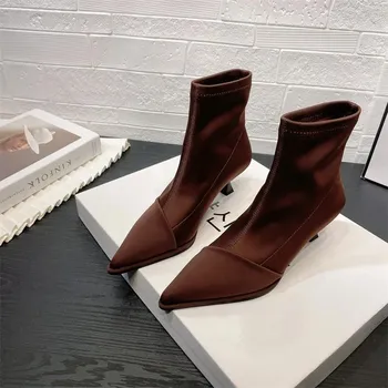 Fashion High Quality Women s Elastic Boots 2024 New Fashionable Ankle Boots Pointed Outdoor Lightweight Autumn Commuting Boots for Women 35 кофейный