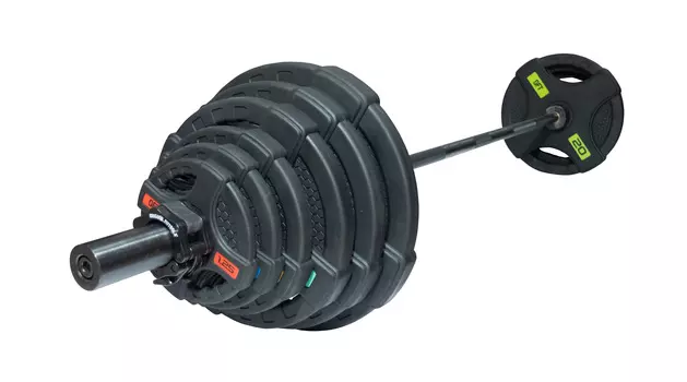 Штанга олимпийская OriginalFitTools 128 кг (диски с двумя хватами, черный гриф)